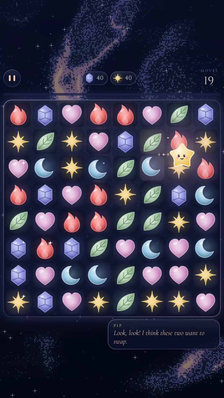 Ethereal's match-3 board, with moon, leaf, star, heart, flame and crystal lights. Pip rests beside the board.