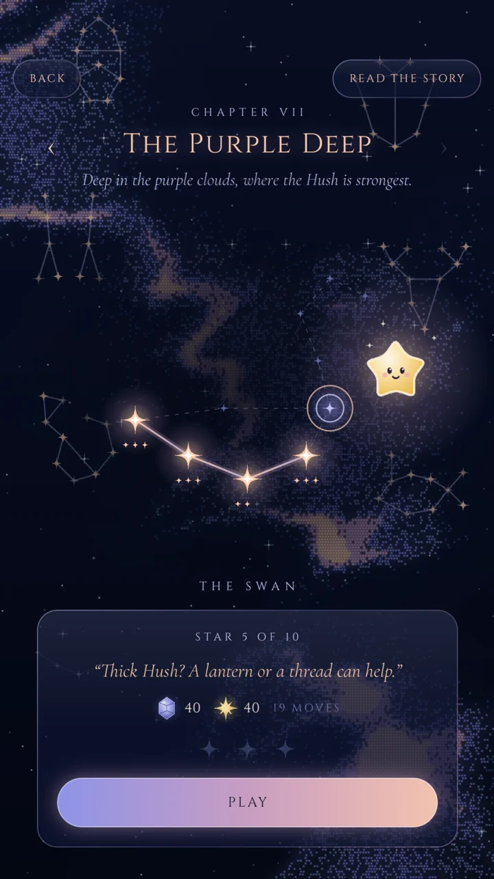 A chapter's constellation map. Each star is a level, and completed stars light the path forward.